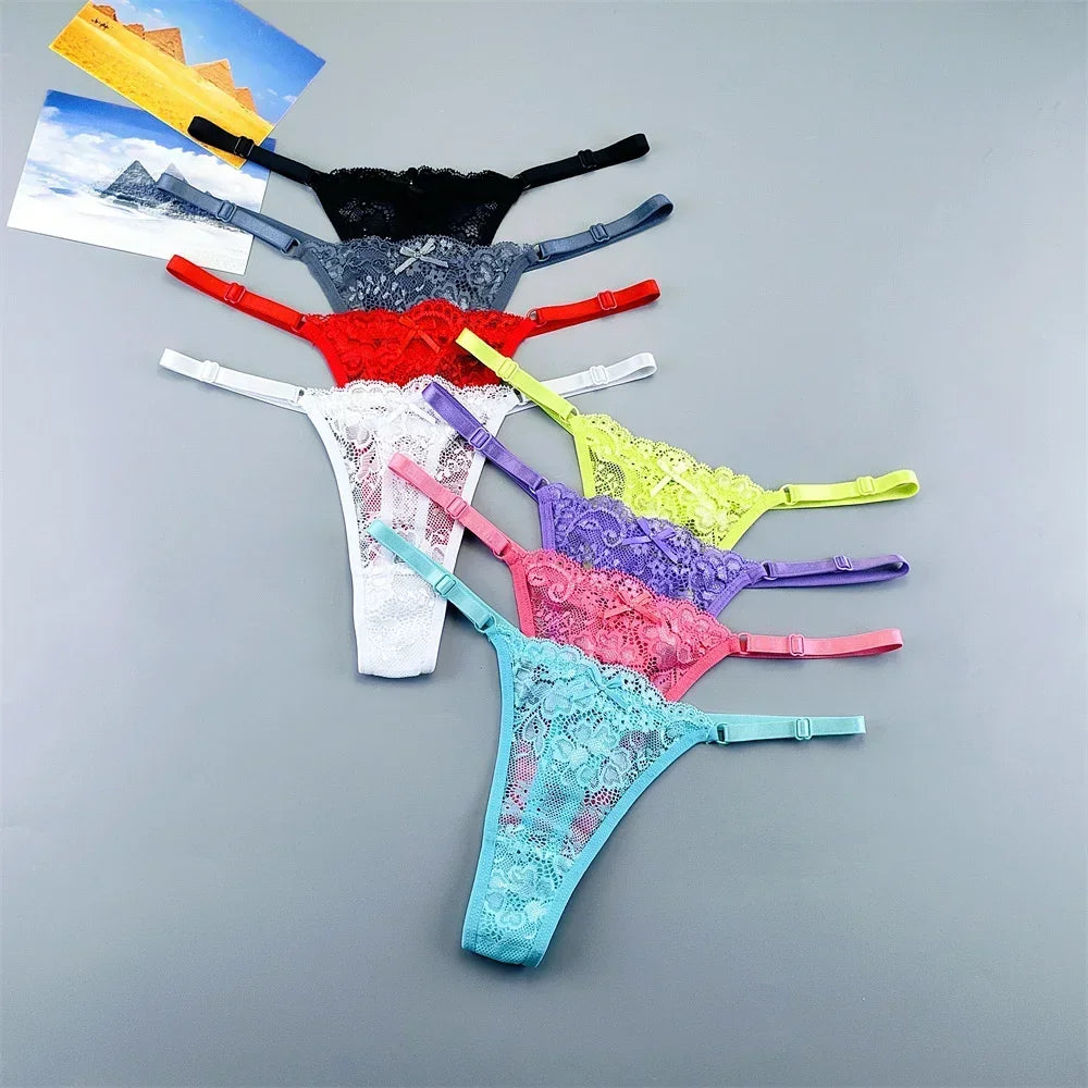 3PCS Einstellbare Sexy Transparent Tanga Höschen Frauen Spitze Unterwäsche Niedrige Taille Weibliche T-zurück String Unterhose